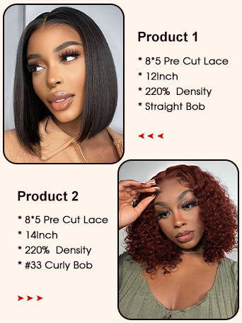 2 Wigs $139 for 12"8x5 Pre Cut Lace Straight Bob Wig and 14"8x5 Colored Curly Bob Wig Flash Sale