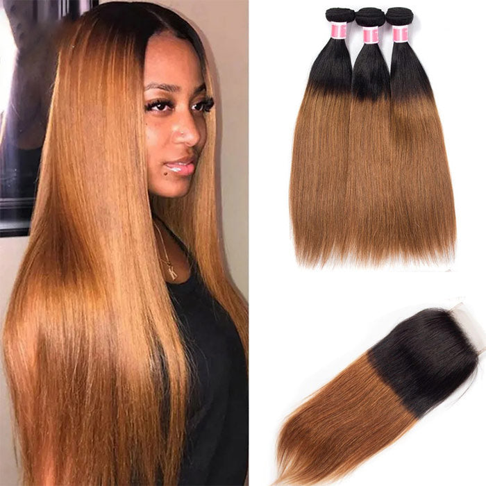 Ombre 1B30 Straight Human Hair 3 Bundles With 4x4 Lace Closure ...