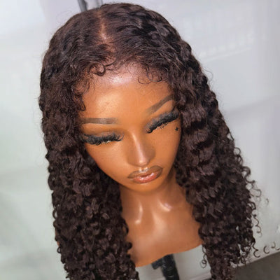 Reddish Brown 4C Hairline Kinky Edges Deep Wave Glueless Human Hair Wig with Bleached Knots