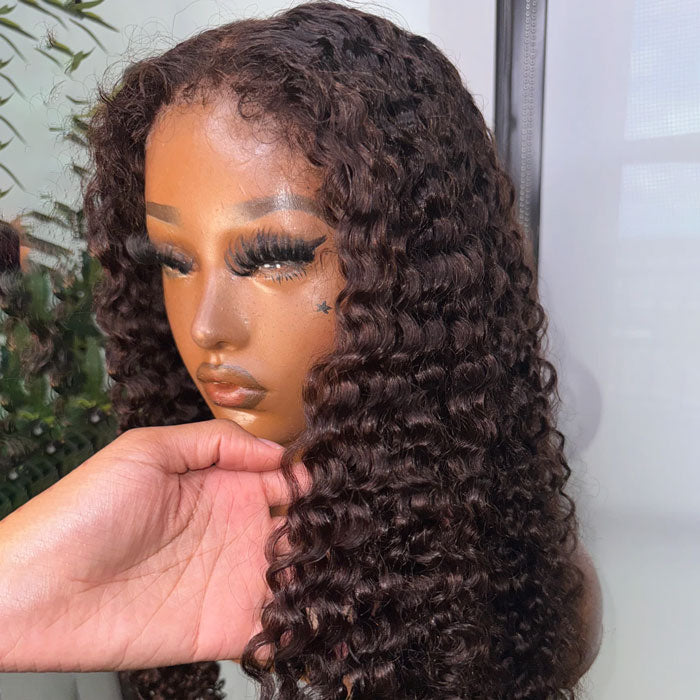 Reddish Brown 4C Hairline Kinky Edges Deep Wave Glueless Human Hair Wig with Bleached Knots