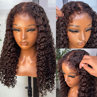 Reddish Brown 4C Hairline Kinky Edges Deep Wave Glueless Human Hair Wig with Bleached Knots