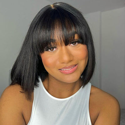 [BOGO] Straight Bob Wig with Bangs Blunt Cut 220% Desnity Glueless Human Hair Bob Wigs Beginner Friendly Special Offer