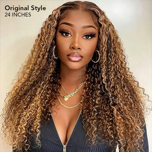 Balayage Highlight Brown Blonde Curly Wig Drawstring 13x6 HD Full Lace Frontal Wig Special Offer