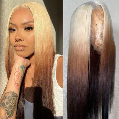 613 Blonde Ombre Lace Front Wig Brazilian Straight Human Hair Wigs With Adjustable Straps