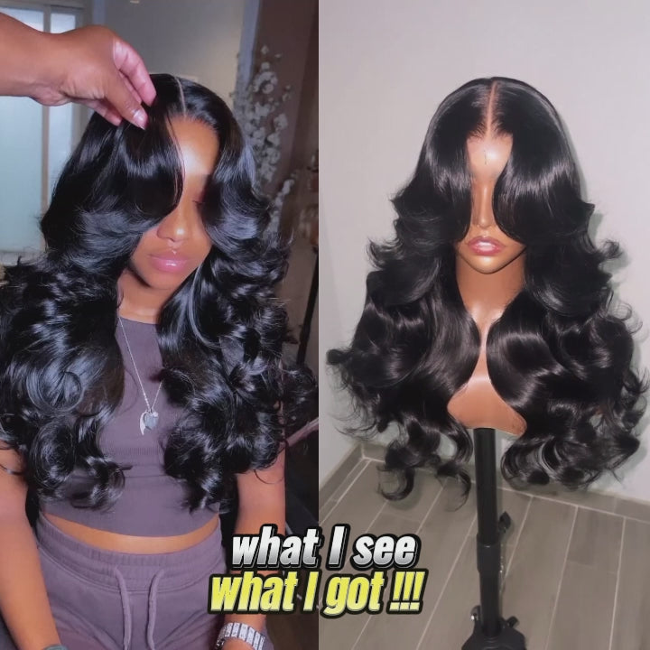 Curtain Bangs Glueless HD Lace Wig Chic Retro Body Wave Human Hair Wigs with Adjustable Strap