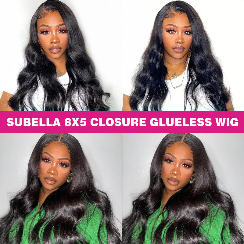 Subella Hair Ready and Go Glueless Wigs Pre Cut 8x5 HD Lace Body Wave Wig Undetectable Lace Closure Pre Bleached Knots Human Hair Wigs