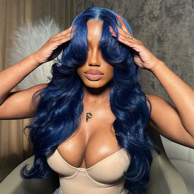 Curtain Bangs Wigs Bule Colored Body Wave Human Hair Wig 13x4/5x5 HD Lace Closure Human Hair Wig