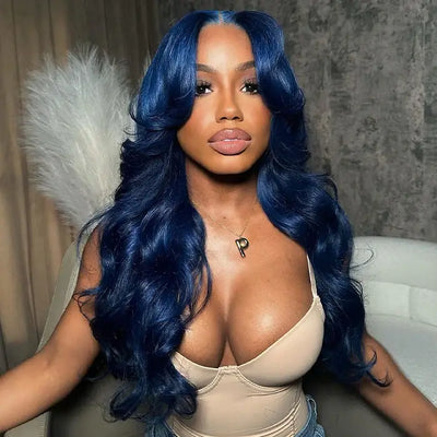 Curtain Bangs Wigs Bule Colored Body Wave Human Hair Wig 13x4/5x5 HD Lace Closure Human Hair Wig