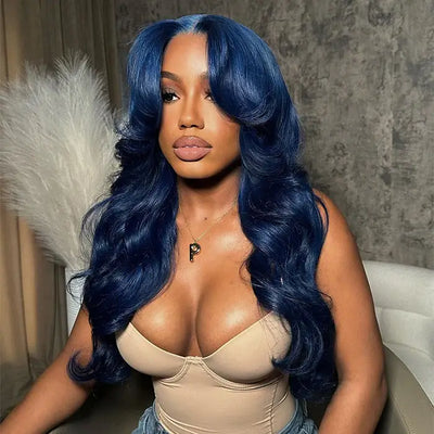 Curtain Bangs Wigs Bule Colored Body Wave Human Hair Wig 13x4/5x5 HD Lace Closure Human Hair Wig