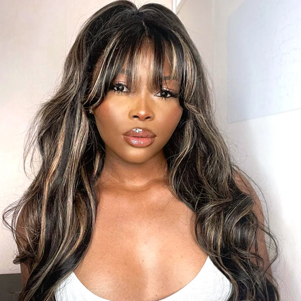 P1B/27 Balayage Blonde Highlights Glueless Body Wave Wig with Bangs 8x5 Pre Cut HD Lace Curtain Bangs Wig