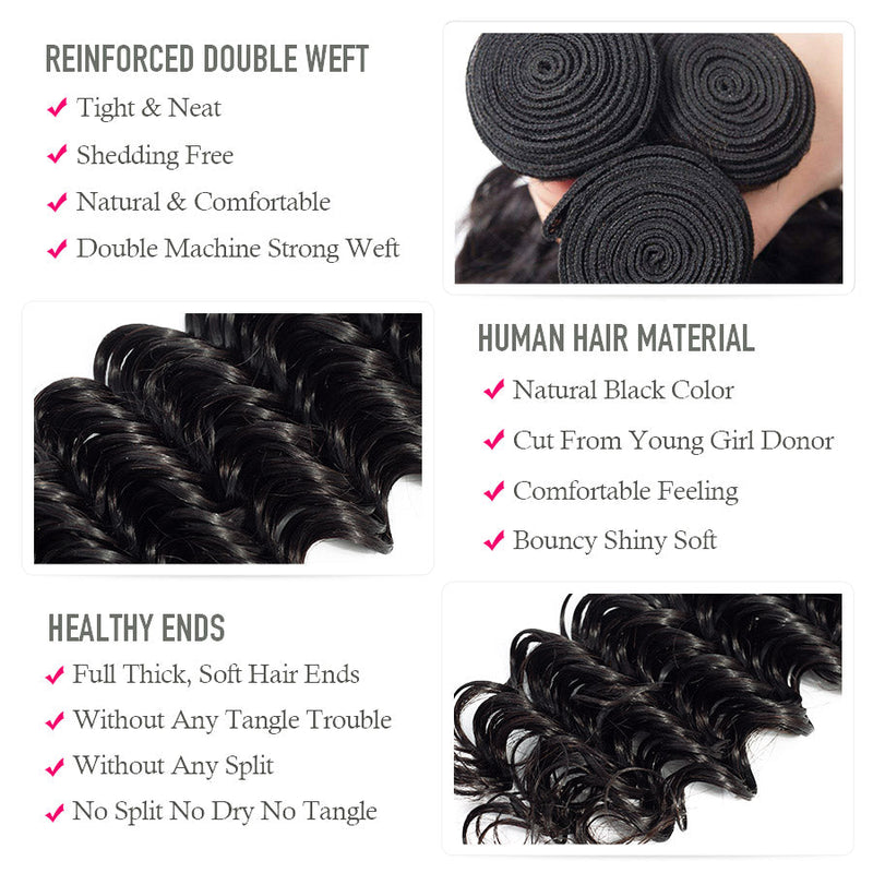 Deep Wave Human Hair 3 Bundles With 4x4 Lace Closure
