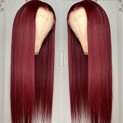 99J Straight 13x4 Burgundy HD Transparent Lace Front Pre Plucked Colored Human Hair Wigs for Women
