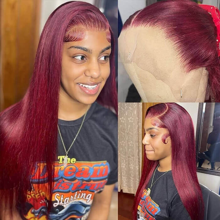 99J Straight 13x4 Burgundy HD Transparent Lace Front Pre Plucked Colored Human Hair Wigs for Women