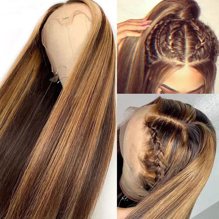 4/27 Honey Blonde Highlight HD Transparent Lace Front Wigs Ombre Color Straight Human Hair Wigs