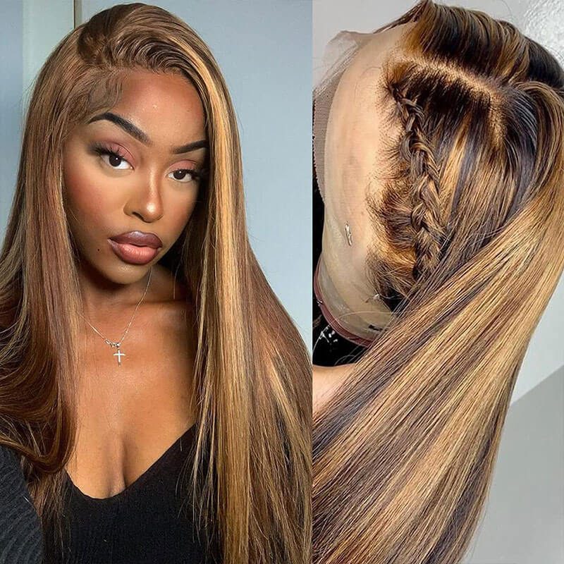 4/27 Honey Blonde Highlight HD Transparent Lace Front Wigs Ombre Color Straight Human Hair Wigs