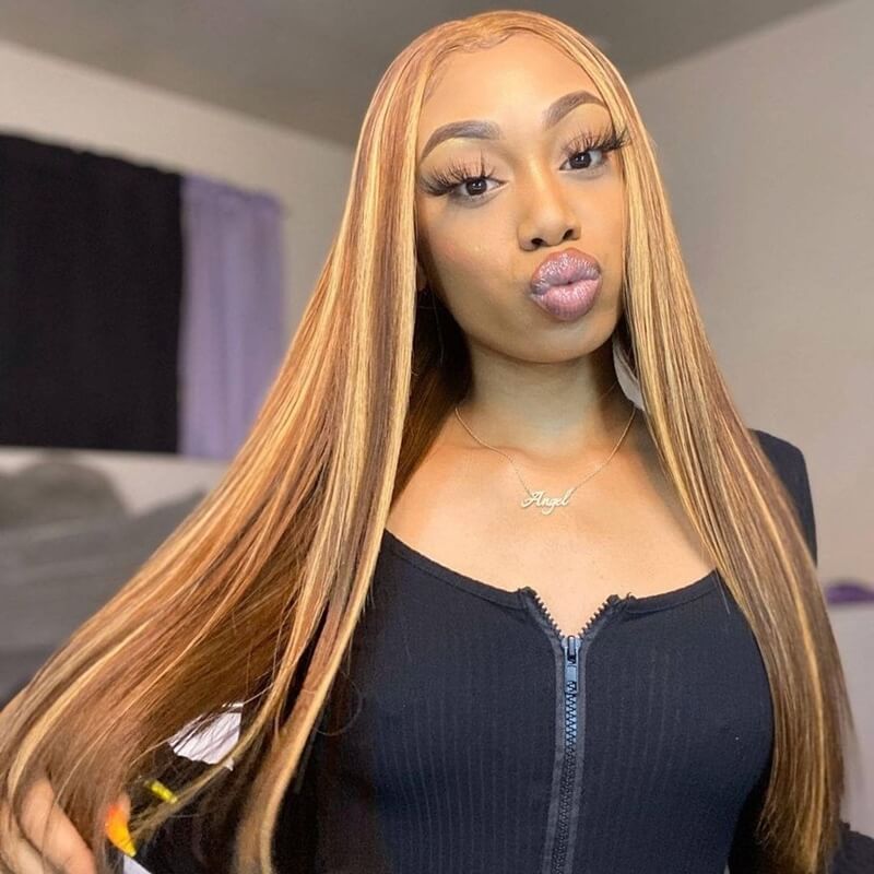 4/27 Honey Blonde Highlight HD Transparent Lace Front Wigs Ombre Color Straight Human Hair Wigs