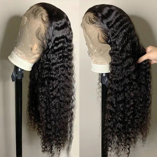 Deep Wave HD Transparent Lace Front Wig Pre Plucked Natural Hairline 100% Human Virgin Hair Wigs