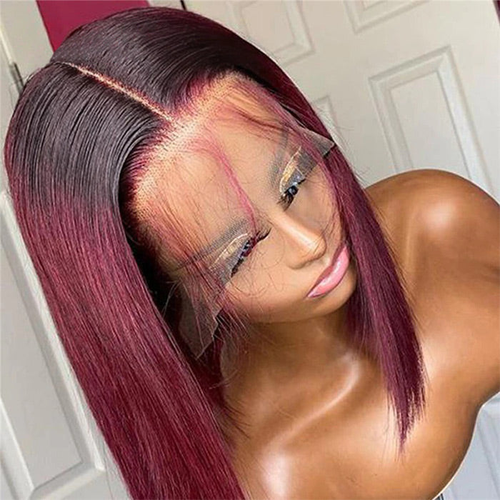 T1b/99J Red Color Human Hair 13x4 Lace Front Wigs 99J Short Cut Bob Wigs