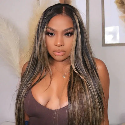 Balayage Highlight Colored HD Transparent 13x4 Lace Frontal Wigs 1B/27 Straight Human Hair Wigs Free Part