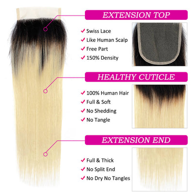 T1B/613 Ombre Straight Human Hair 3 Bundles With 4x4 Lace Closure