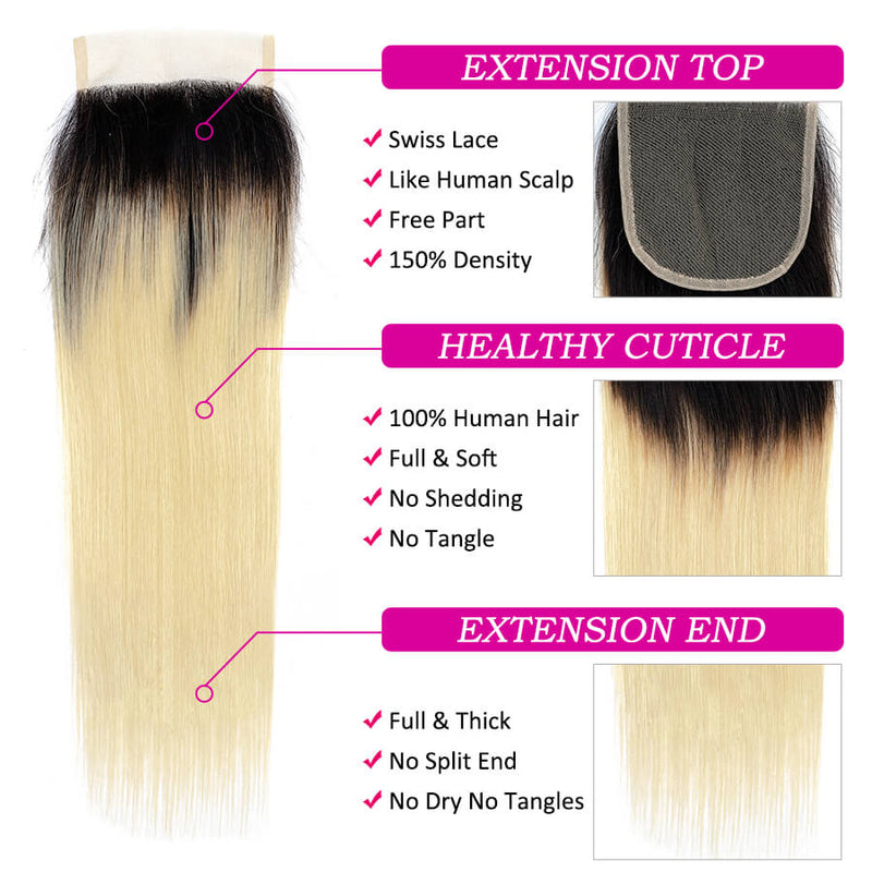 T1B/613 Ombre Straight Human Hair 3 Bundles With 4x4 Lace Closure
