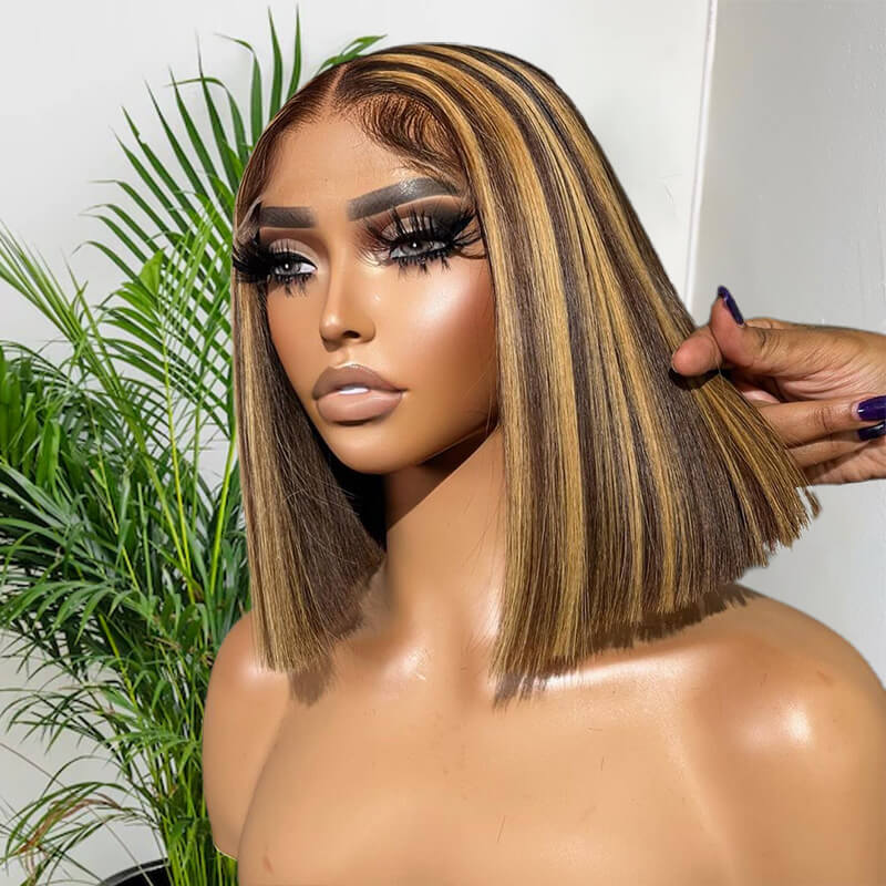 Honey Blonde Piano Highlights Color Bob Human Hair Wig Short Cut Wigs