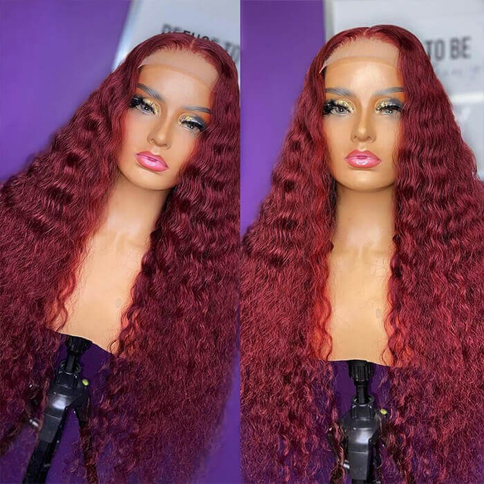 Deep Wave 4x4 HD Lace Closure Wigs Burgundy 99J Color Human Hair Wigs With Pre-plucked Hairline