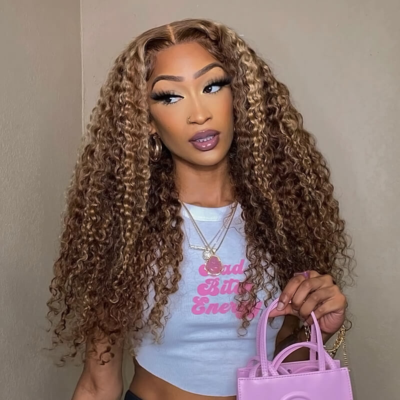 Curly Wigs 4/27 Brown Colored Highlight 4x4 HD Transparent Lace Closure Wig