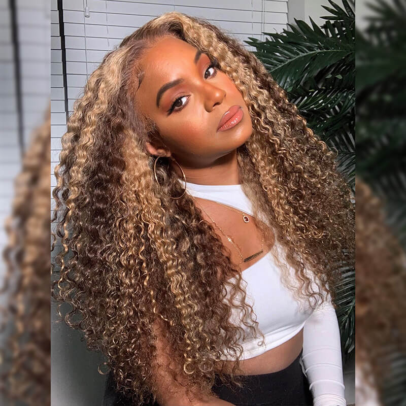 Curly Wigs 4/27 Brown Colored Highlight 4x4 HD Transparent Lace Closure Wig