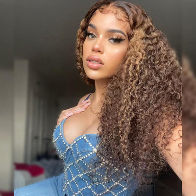 Curly Wigs 4/27 Brown Colored Highlight 4x4 HD Transparent Lace Closure Wig