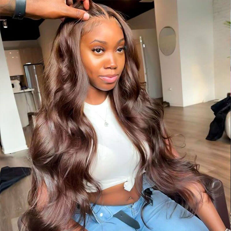 HD Transparent Lace Closure Wigs Body Wave Wig Human Hair Dark Brown Colored Wig