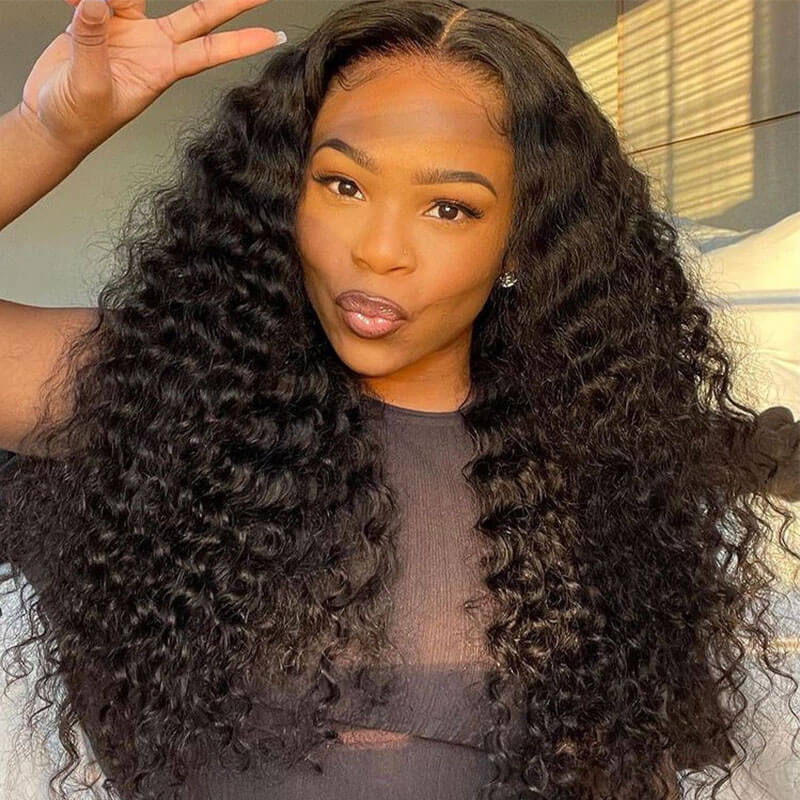 Deep Wave HD Transparent 4x4 Lace Closure Wig Natural Black Human Hair Wigs