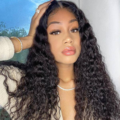 Water Wave HD Transparent 4x4 Lace Closure Wig Natural Black 180% Density Human Hair Wigs