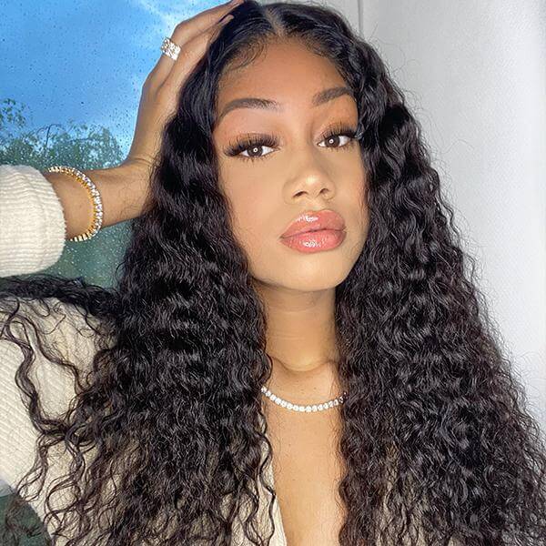 Water Wave HD Transparent 4x4 Lace Closure Wig Natural Black 180% Density Human Hair Wigs