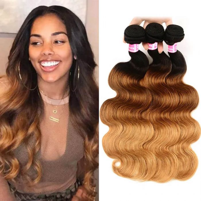 Ombre 1B/4/27 Three Tone Brazilian Body Wave Human Hair 3 Bundles ...