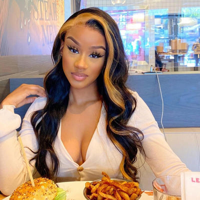 Skunk Stripe Wig with Honey Blonde Highlights Body Wave 13*4 Human Hair Lace Frontal Wig