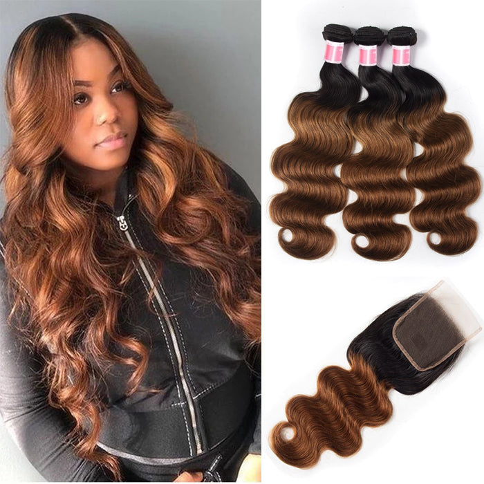 Ombre 1B30 Body Wave Human Hair 3 Bundles With 4x4 Lace Closure ...