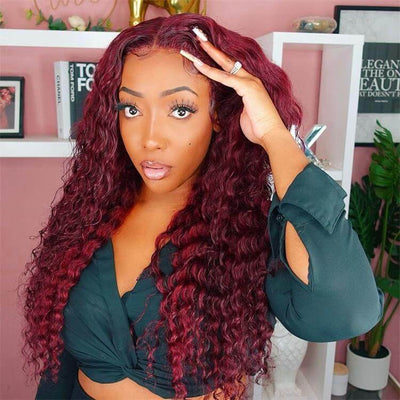 Deep Wave 13x4 HD Lace Front Wigs Burgundy 99J Color Human Hair Wigs With Pre-plucked Hairline