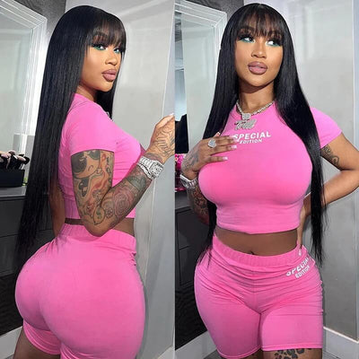 Straight Wig With Bangs Natural Color Top Lace Straight Human Hair Glueless Wig
