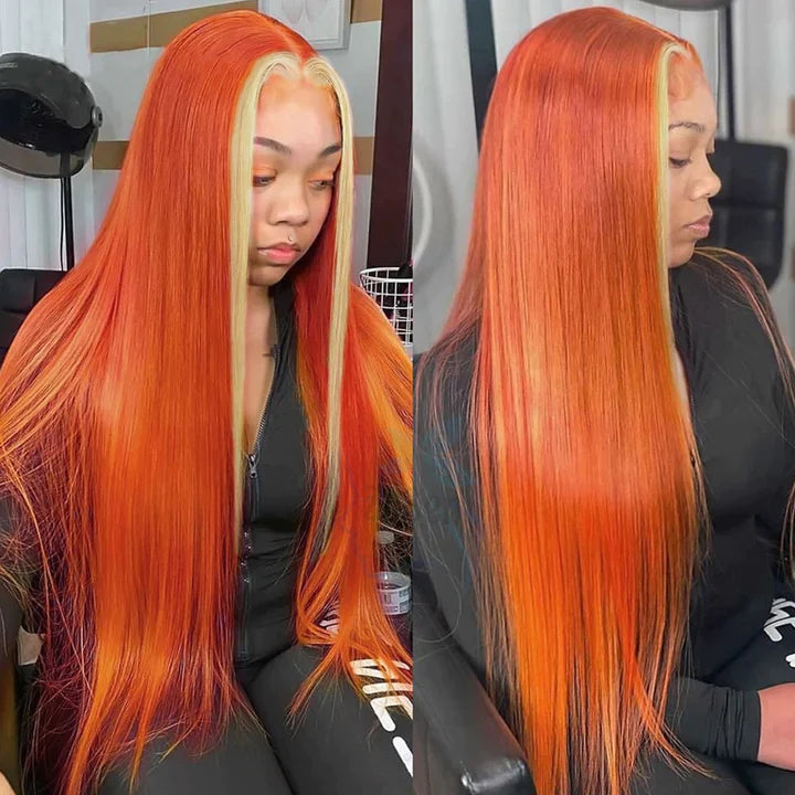 Ginger Blonde Ombre Wigs Skunk Stripe Straight 13x4 HD Lace Wig