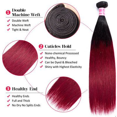 Subella Hair T1B/99j Ombre Straight Human Hair 3 Bundles With 4x4 Lace Closure