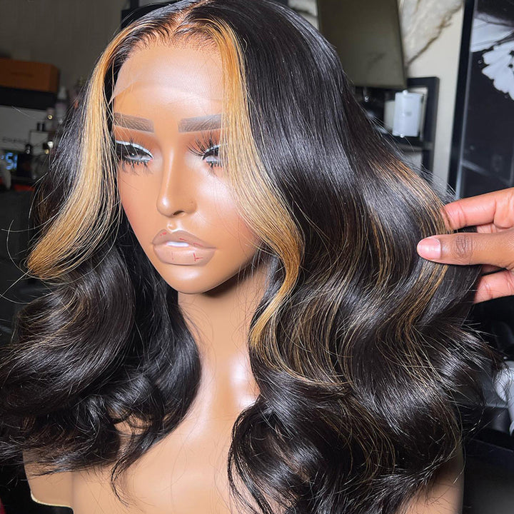 14Inch $89.9 Skunk Stripe Body Wave Bob Wig Human Hair Wigs 13x4 Transparent HD Lace Wig 180% Density