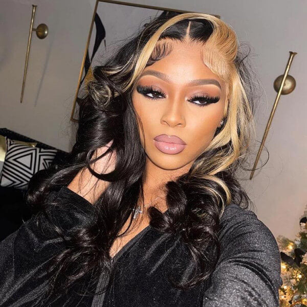 Skunk Stripe Wig with Honey Blonde Highlights Body Wave 13*4 Human Hair Lace Frontal Wig