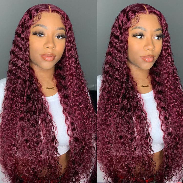 Deep Wave 4x4 HD Lace Closure Wigs Burgundy 99J Color Human Hair Wigs With Pre-plucked Hairline