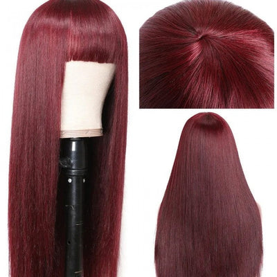 #99J Straight Human Hair Wigs With Bangs Top Lace Wig With Bangs