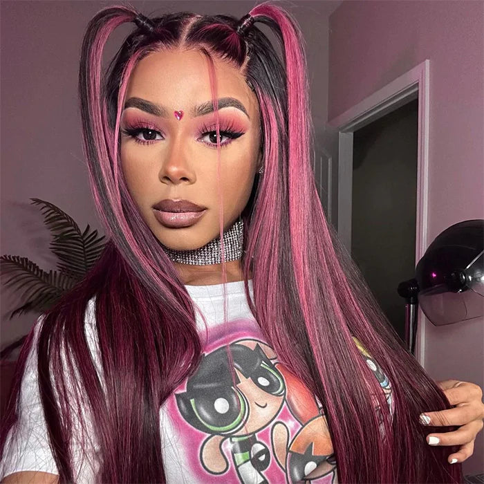 Balayage Intense Pink Violet Highlight Lace Front Wigs 13x4 /4X4Transparent HD Lace Human Hair Wigs
